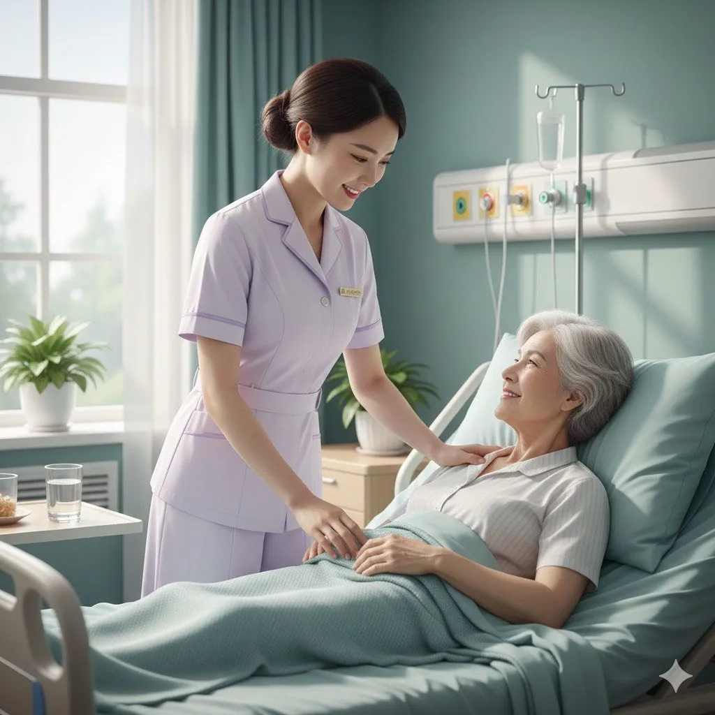 看護在病床邊輕聲照顧長輩