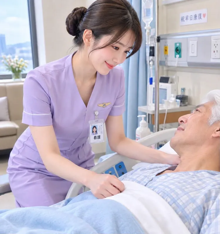 看護在病床邊俯身照顧長輩